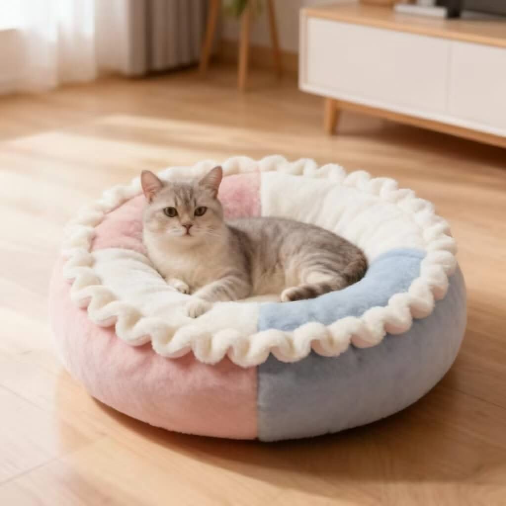Pastel Ruffled Pet Bed for Cats- Color-Blocked, Plush, Soft Cushion, Pink-Blue-White, All-Season