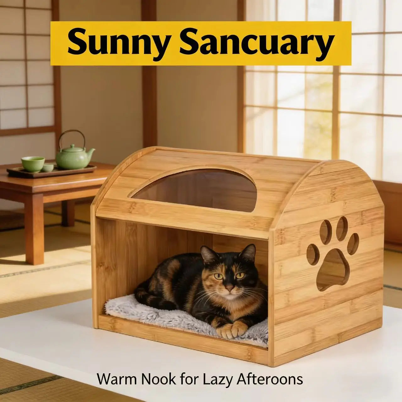 Bamboo Cat House - Paw Print Cutout, Plush Cushion, Natural Bamboo