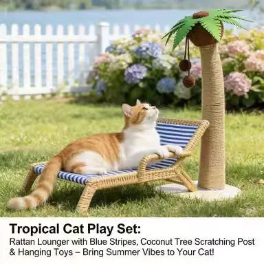 Tropical Cat Scratcher Set: Palm Tree Sisal Post, Lounge Bed & Hanging Toys (Blue-White)