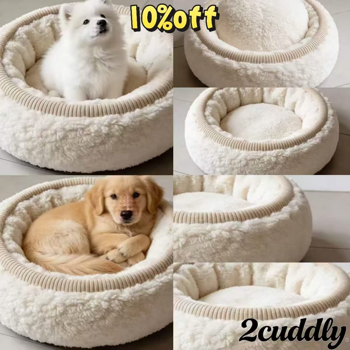 Double-Layer Plush Dog Bed , Cuddle Cushion Safe Stitching White&Beige for Small-Medium Dogs