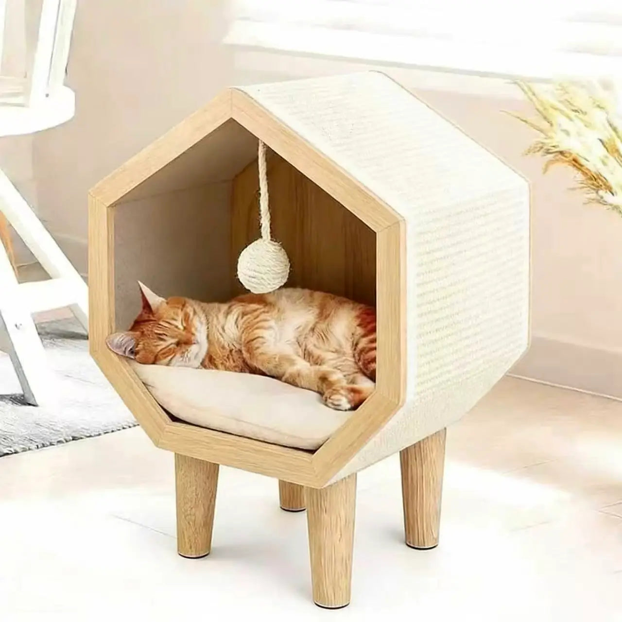 Hexagonal Wooden Cat Cave & Scratcher: Elevated Hideaway with Cushion & Toy, Modern Furniture for Indoor Cats