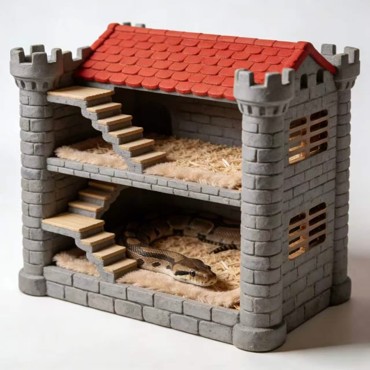 Castle-Style 2-Tier Snake Hide: Ventilated Slots, Cozy Lining for Snakes