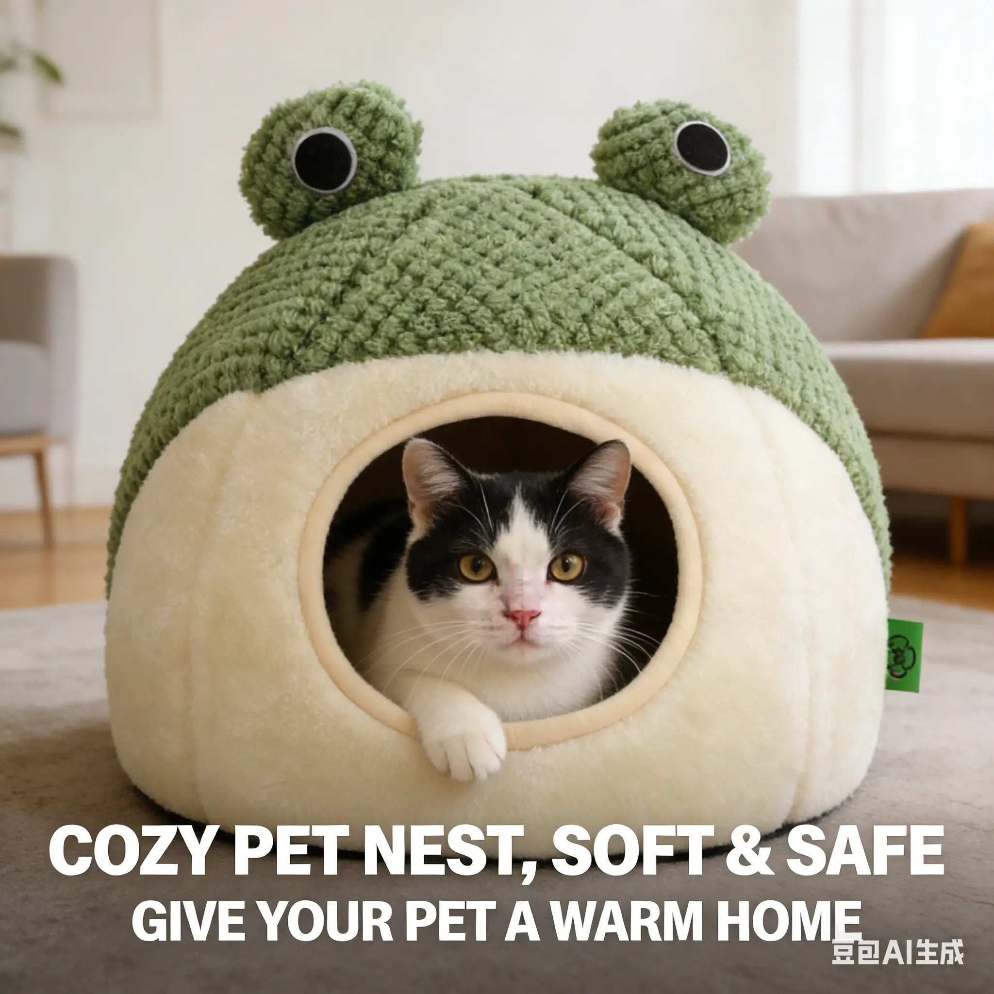 Warm Enclosed Pet Bed: Frog Design, Plush Lined (Green-White, Winter)