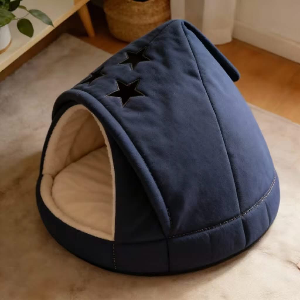 Cozy Star-Patterned Pet Cave Bed for Cats - Plush, Navy Blue, Hiding Spot, All-Season