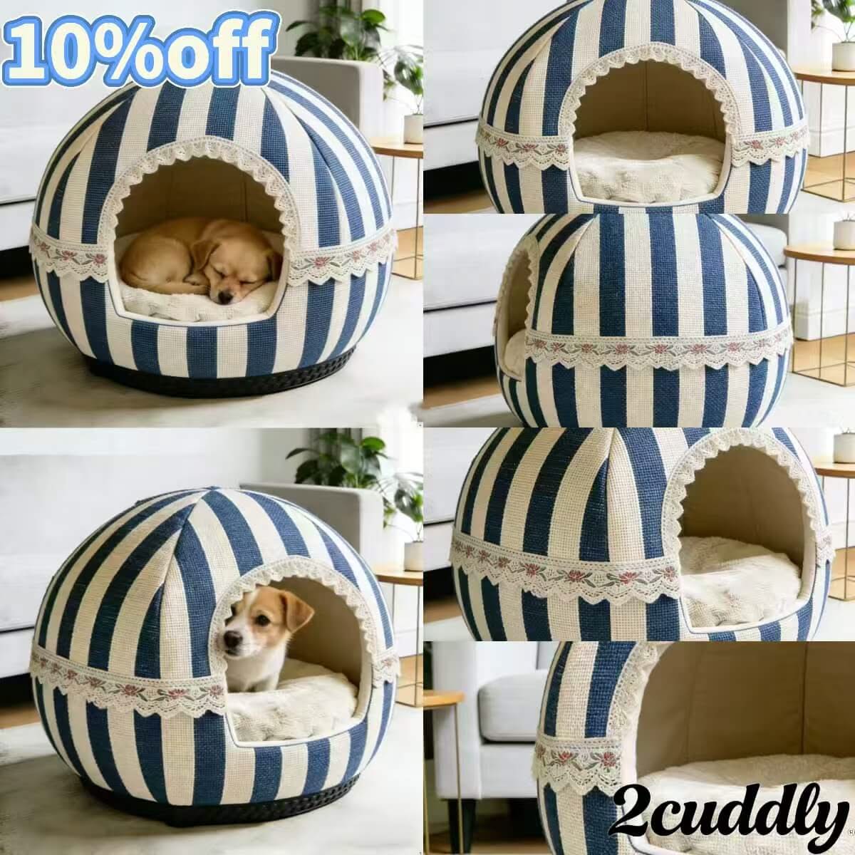 Charming Pet Bed for Dogs, Cave Shape, Cotton Material, Blue/White Stripe, Lace Trim
