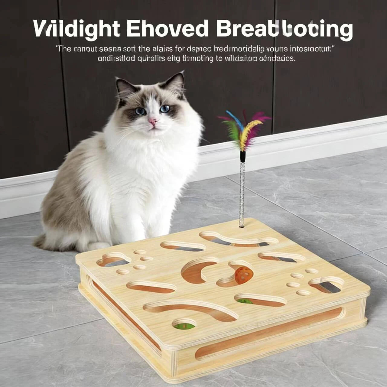 Wooden Cat Enrichment Toy - Puzzle Hunt Box, Feather Teaser, Natural Finish