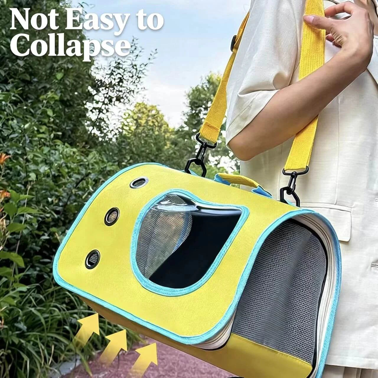 Travel Pet Carrier Tote - Durable Frame, Airy Mesh, Yellow & Blue