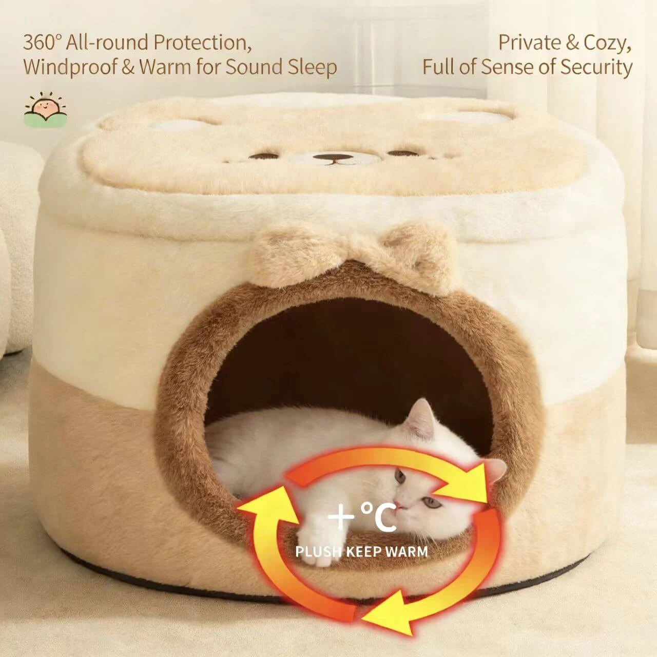 2-in-1 Pet Bed & Seat - Enclosed Cave, Cute Bear Pattern, Non-Slip Bottom