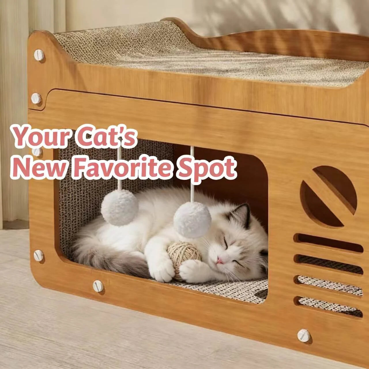 Rest & Scratching Interactive Cat House/Scratcher for Cats - Dual Pom-Poms, Wood, Sisal