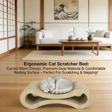 Wavy Cat Scratcher: Corrugated Surface, Ergonomic Design, Natural Wood (Beige)