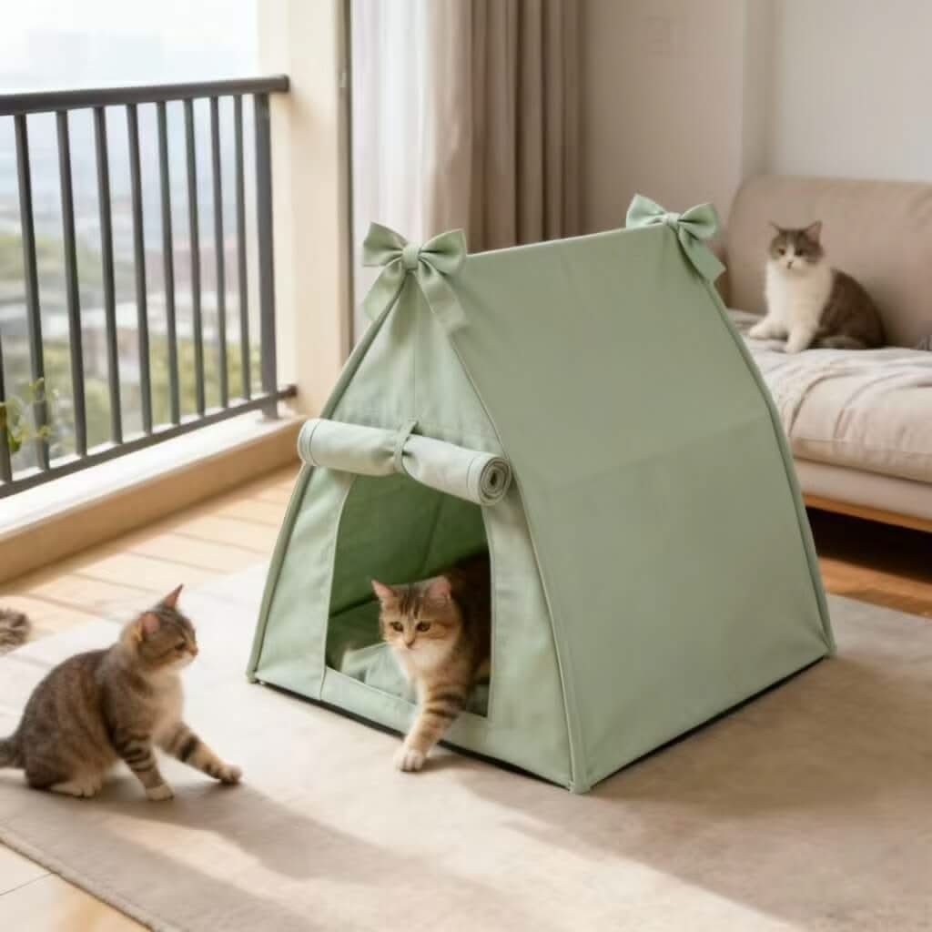 Private Pet Tent Bed for Cats - Mint Green, Bow Decor, Fabric, Cozy Hiding Spot