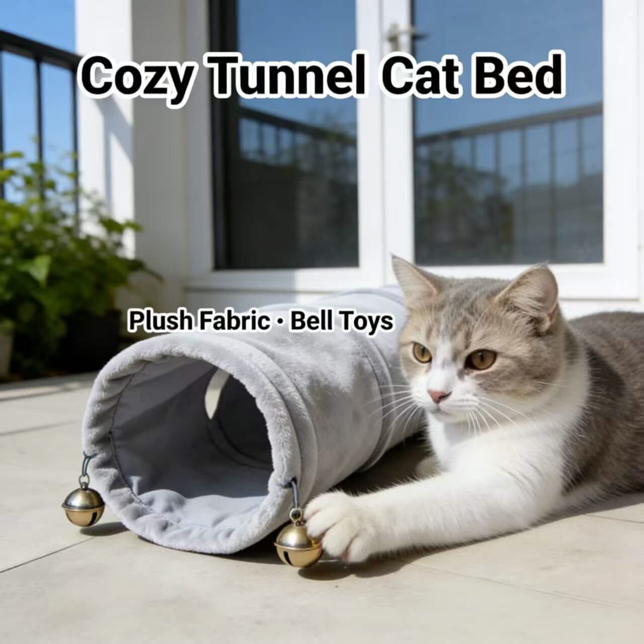 Cozy Tunnel Cat Bed, Plush Fabric Bell Toys Gray for Cats
