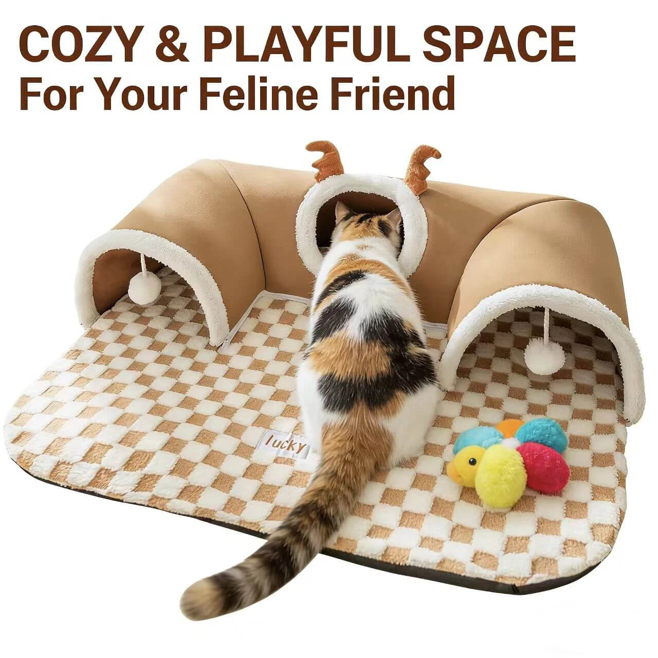 Multi-Functional Cat Play Mat - Plush Checkered, Deer-Shaped Hideout, Hanging Toys for Cats