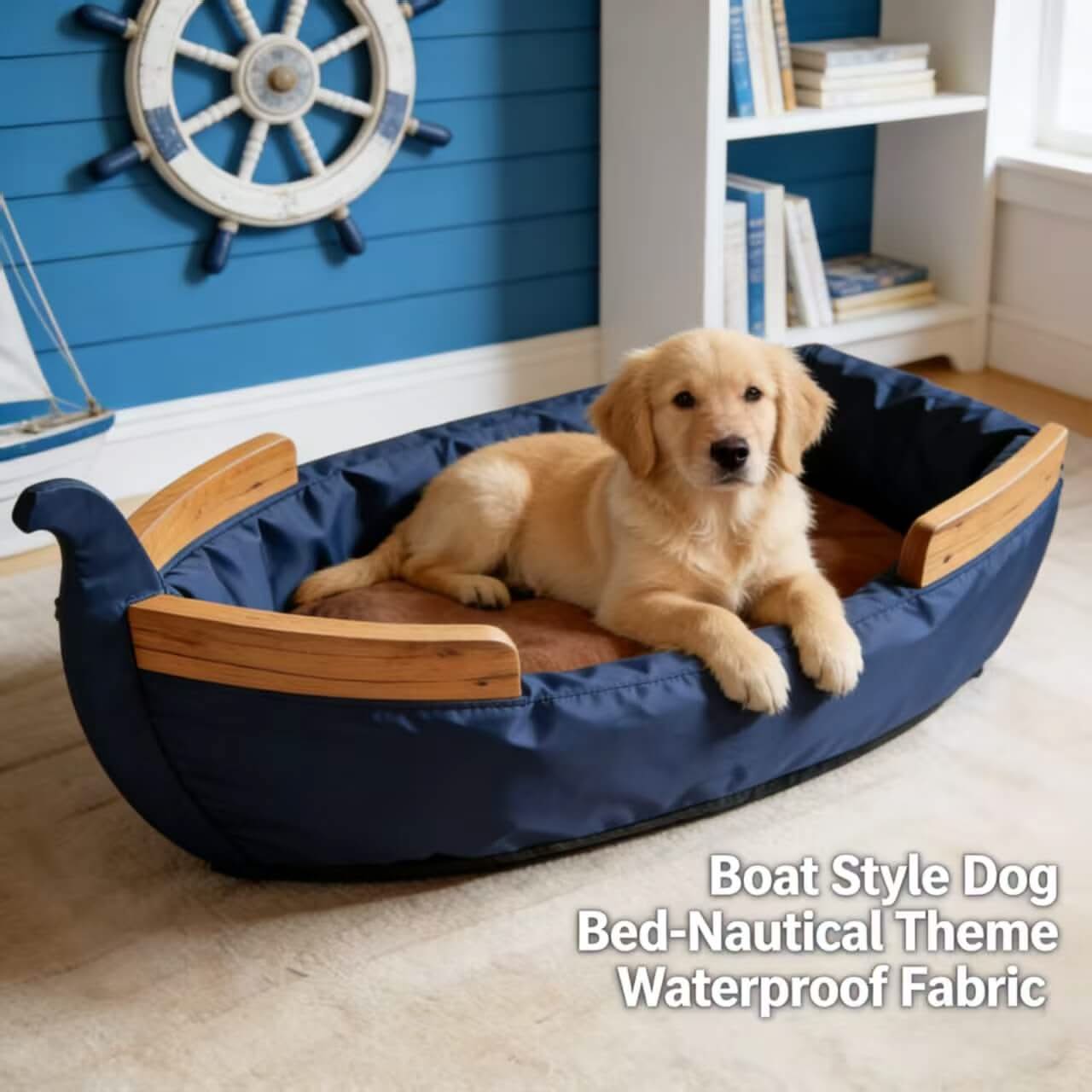 Boat Style Dog Bed, Nautical Theme Waterproof Fabric Navy for Small-Medium Dogs