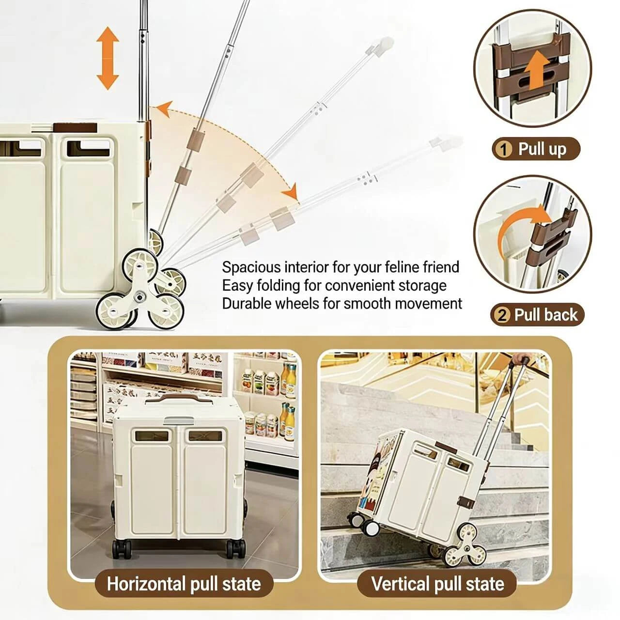 Travel Cat & Dog Trolley Case - Cartoon Design, Portable, Beige