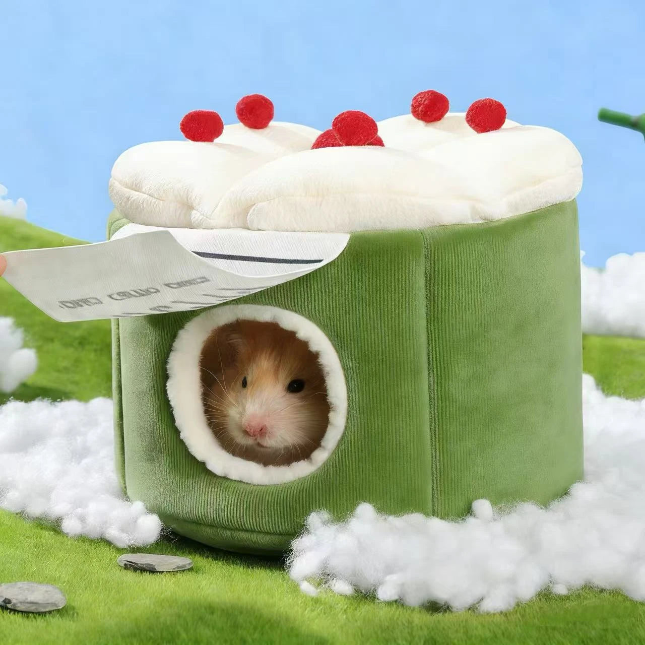 Comfort Hide Rest Hamster Nest for Hamsters - Cake-Shaped Plush Green-White Red Decor