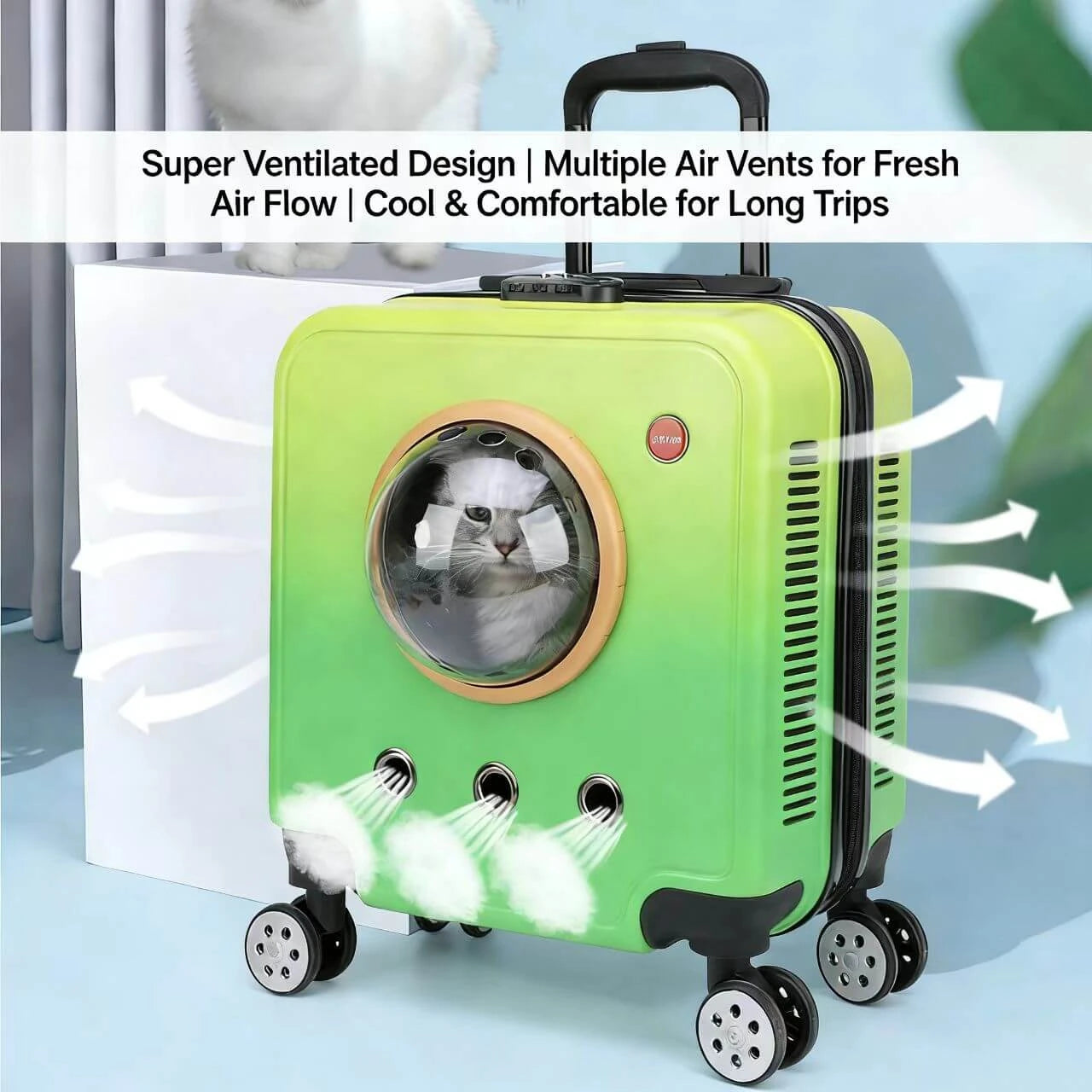 Rolling Pet Carrier Luggage - Clear Dome Window, Ventilated, Green Gradient