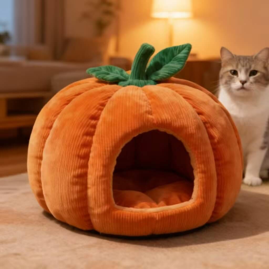 Cozy Pet Cave Bed for Cats - Orange Pumpkin Shape, Corduroy Fabric, Green Stem Decor