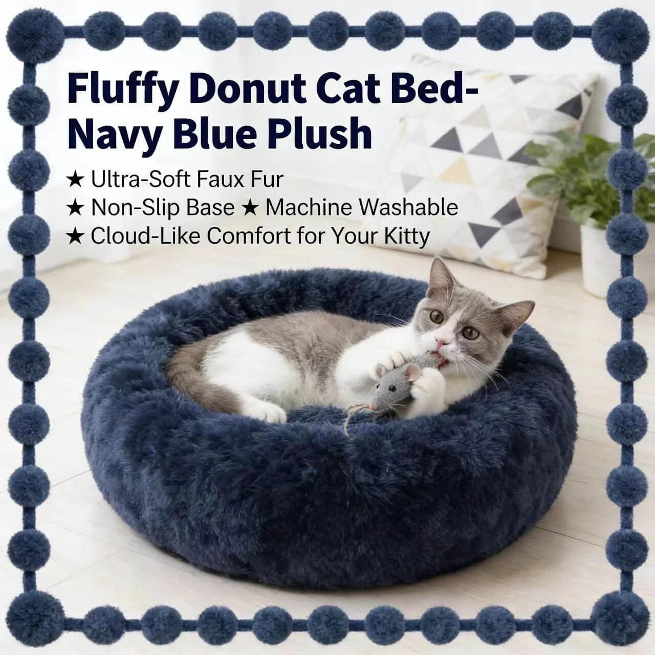 Soft Cozy Pet Bed for Cats - Donut Design, Shaggy Plush, Dark Grey Round Nest