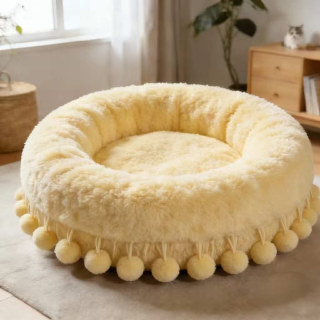 Plush Cozy Pet Bed for Cats - Cream, Round, Pom-Pom Trim, Soft Fleece Fabric