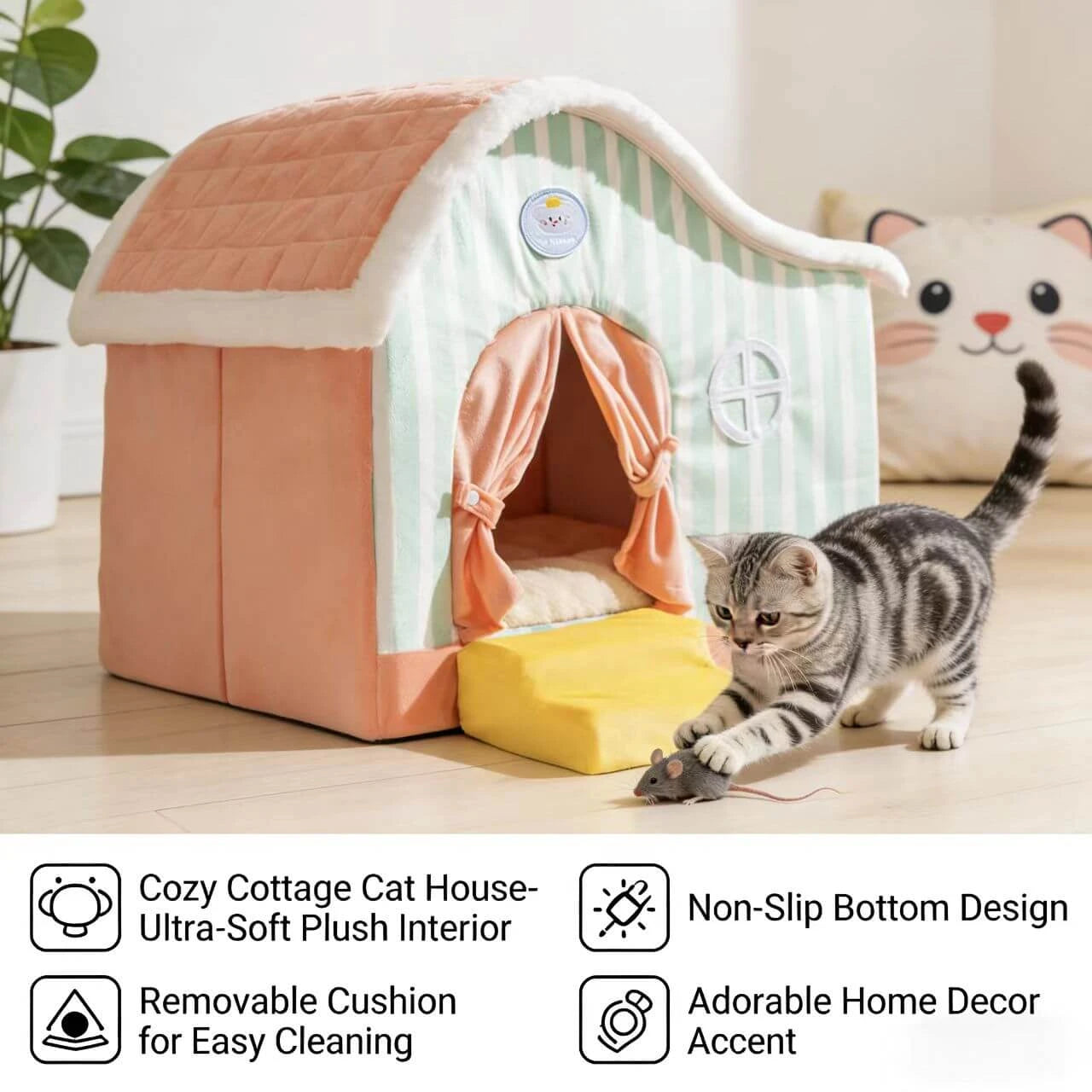 Warm Enclosed Pet Bed for Cats - House Shape, Plush, Pink/Green Rest Cottage