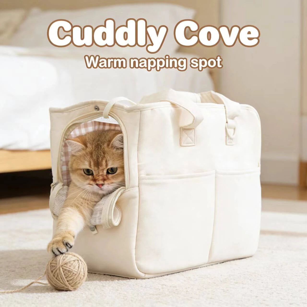 Multi-Pocket Pet Travel Tote - Ventilated, Durable Canvas, Beige