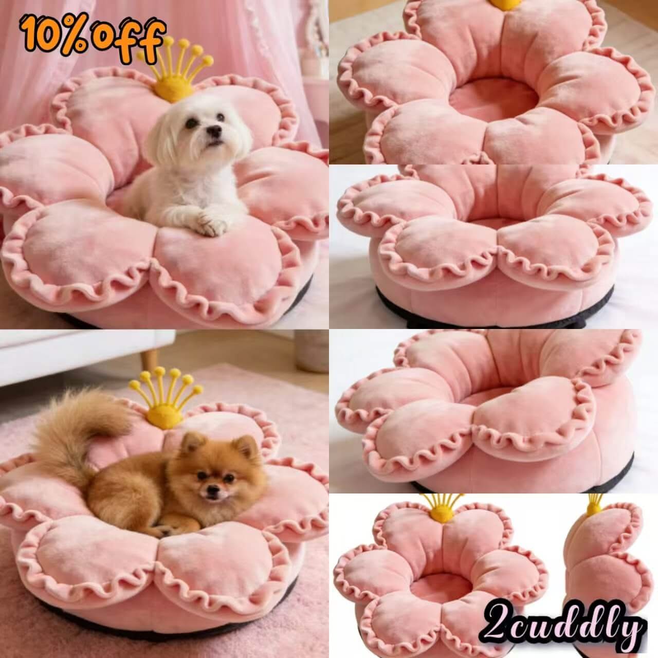 Crown Petal Dog Bed , Velvet Fabric Ruffled Petals Pink for Small Dogs