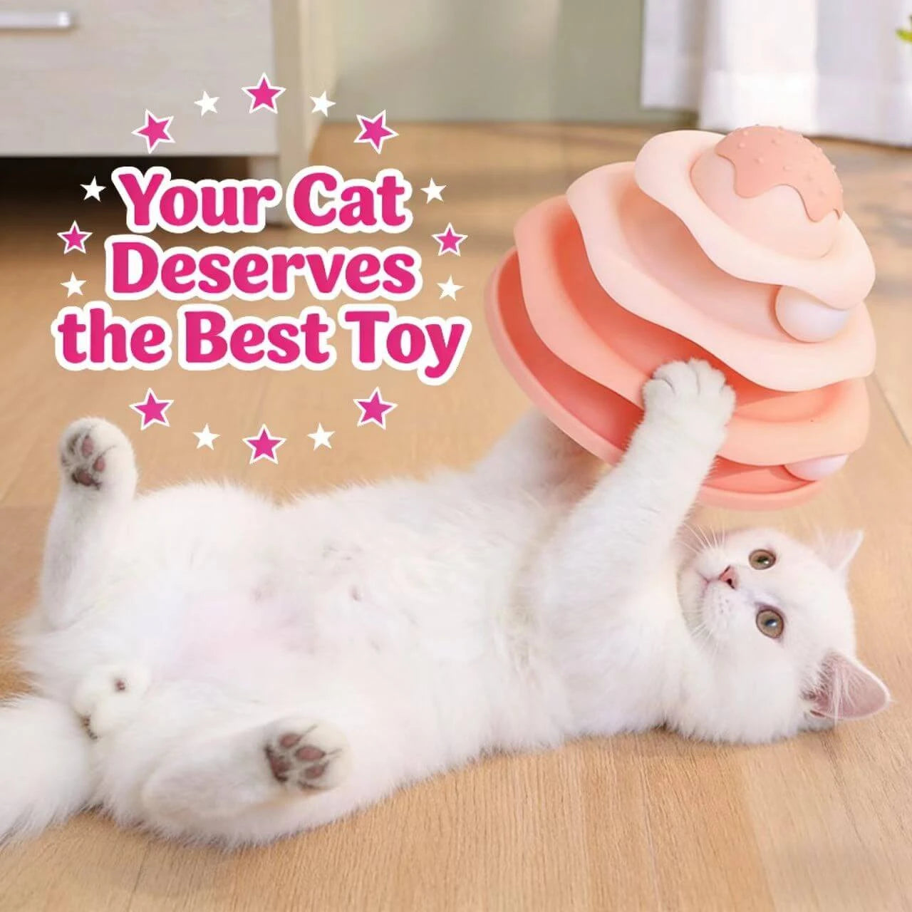 4-Tier Cat Ball Toy Tower - Rolling Balls, Interactive Play, Pink Gradient