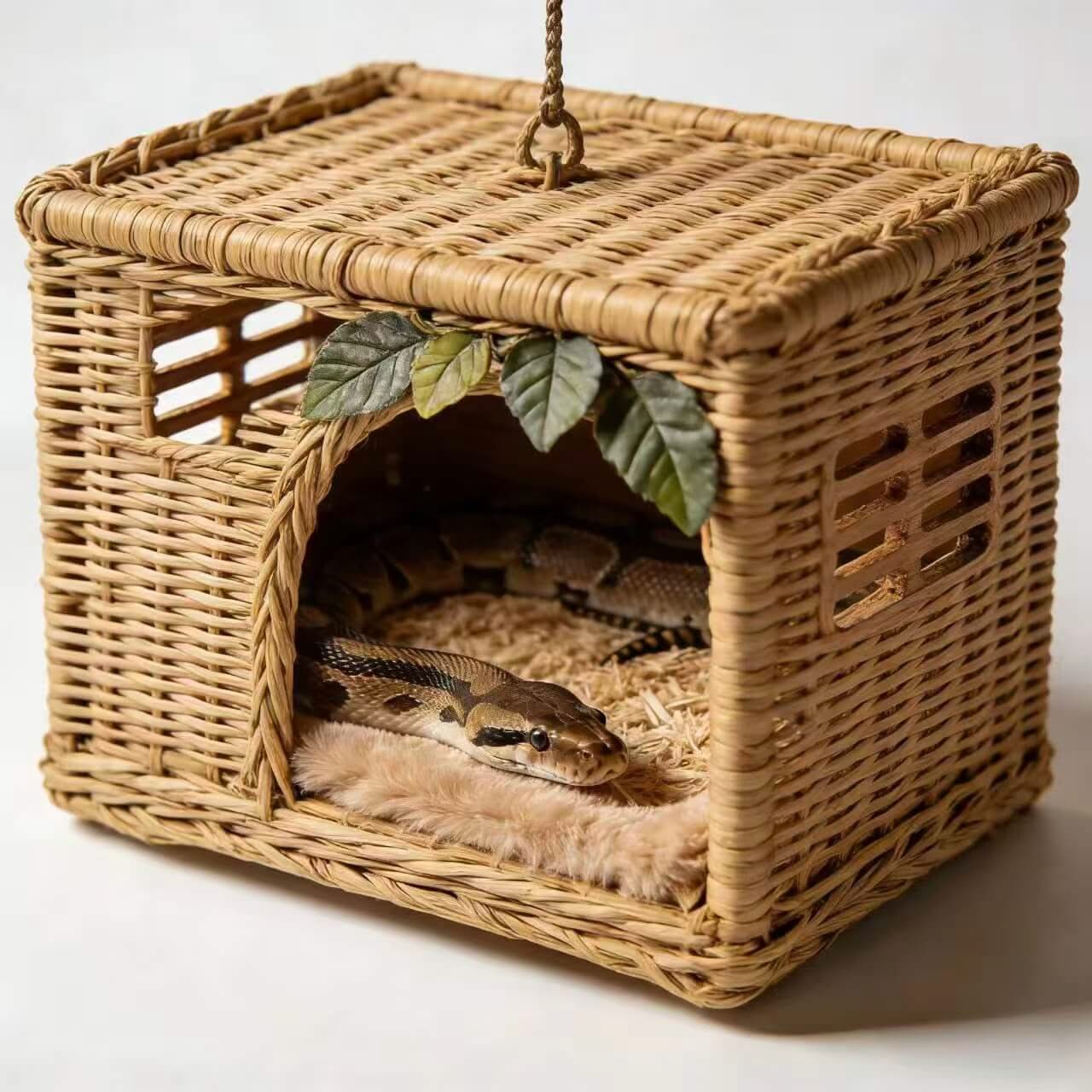Breathable Rattan Snake Hide: Hanging Design, Cozy Lining, Leaf Accent for Snakes