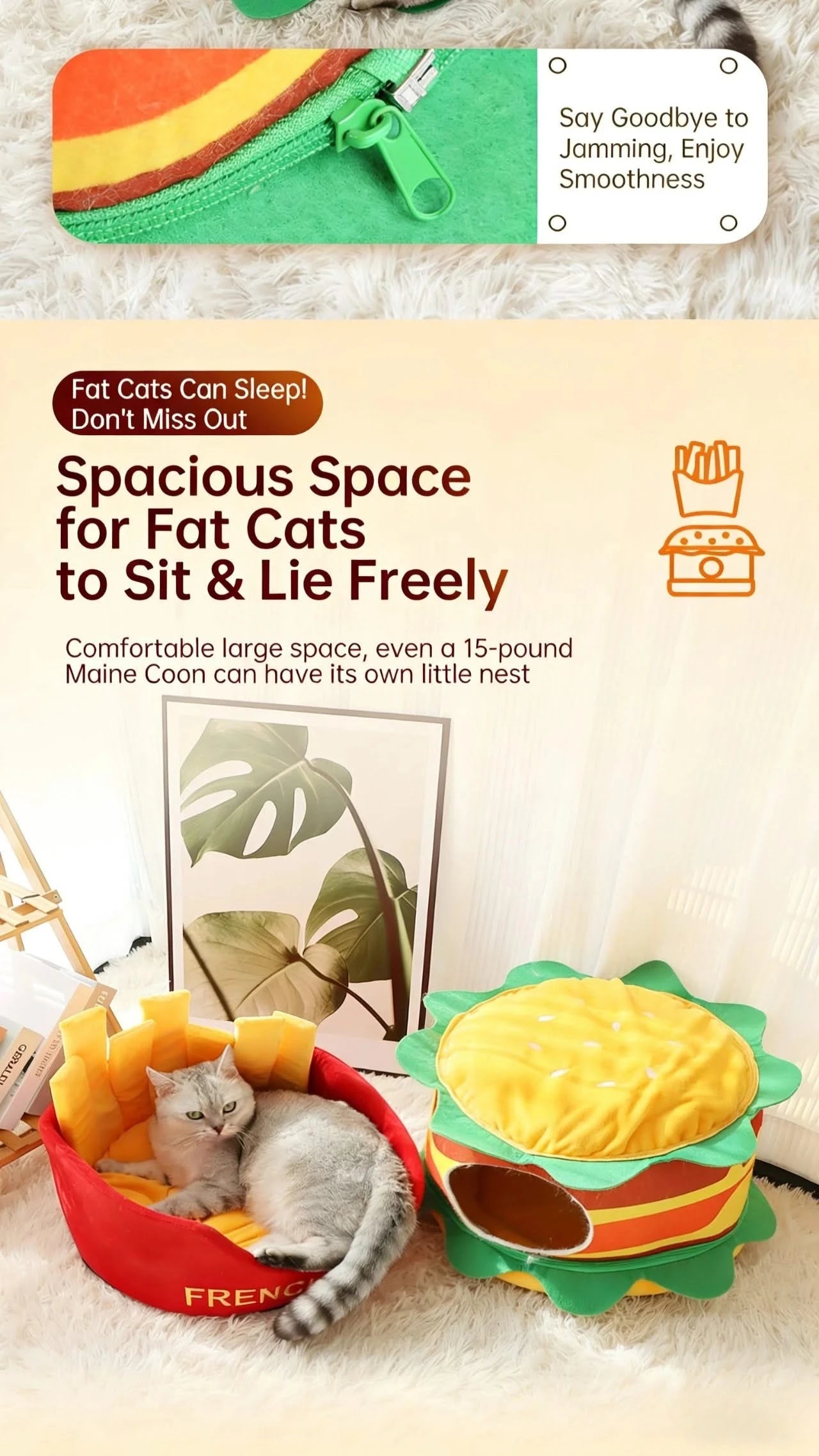  Fun Pet Bed for Cats, Burger Shape, Soft Fabric,  Food Themed, All-Season