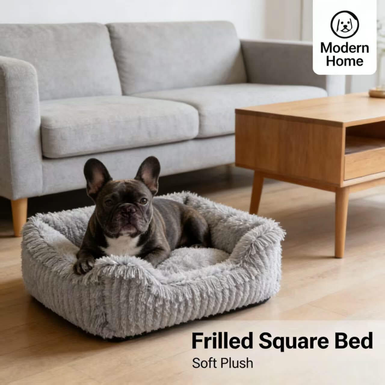 Modern-Home Pet Bed for Dogs - Square, Grey, Frilled Edge, Soft Plush Texture