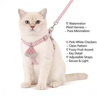 Escape-Proof Cat Harness & Leash: Watermelon Accent, Plaid Design