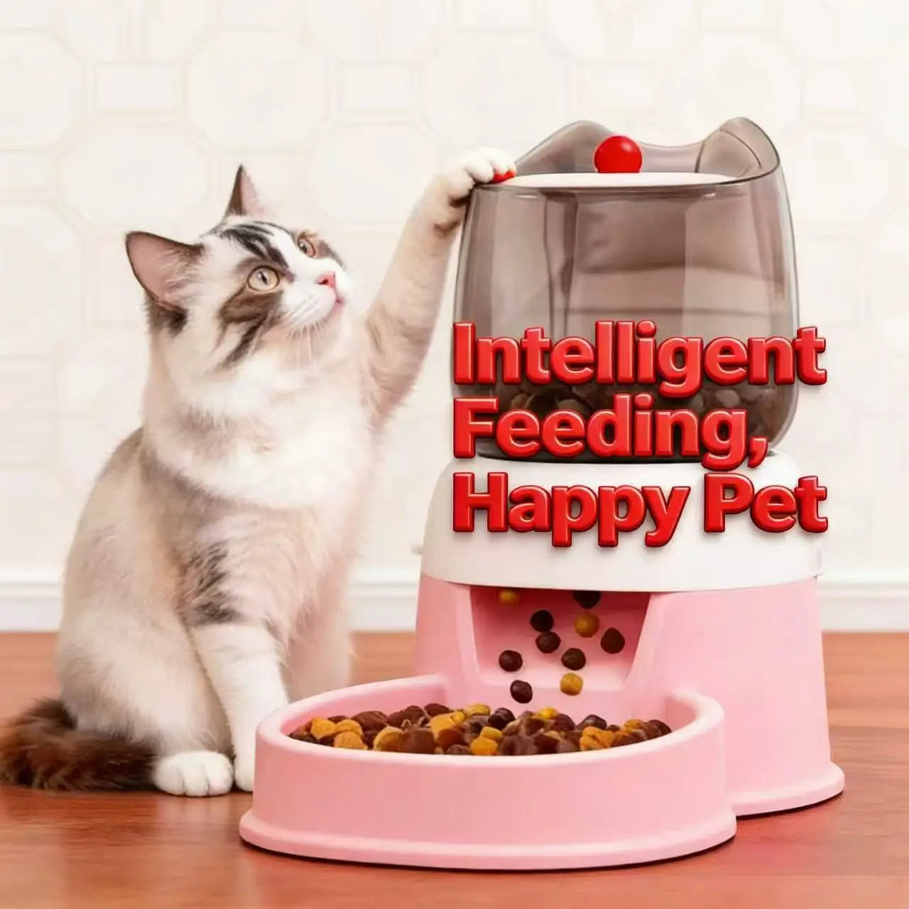 One-Touch Locking Cat Feeder: Auto-Refill, Travel-Friendly (Pink-White)