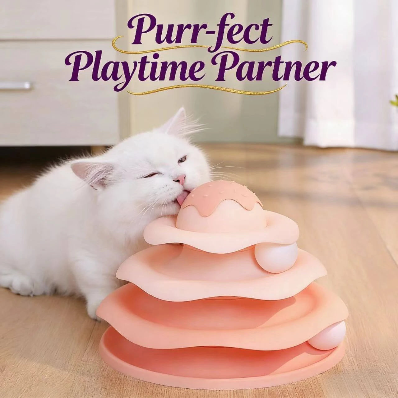 4-Tier Cat Ball Toy Tower - Rolling Balls, Interactive Play, Pink Gradient