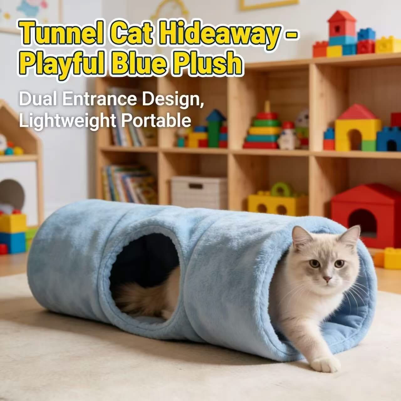 Soft Blue Pet Tunnel Bed for Cats - Plush, Multi-Entry, Cozy Play & Hide Spot, All-Season
