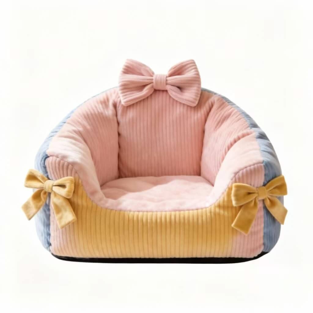 Patchwork Ribbed Pet Bed for Cats - Pink-Blue-Yellow, Bow Decor, Soft Cushion, All-Season