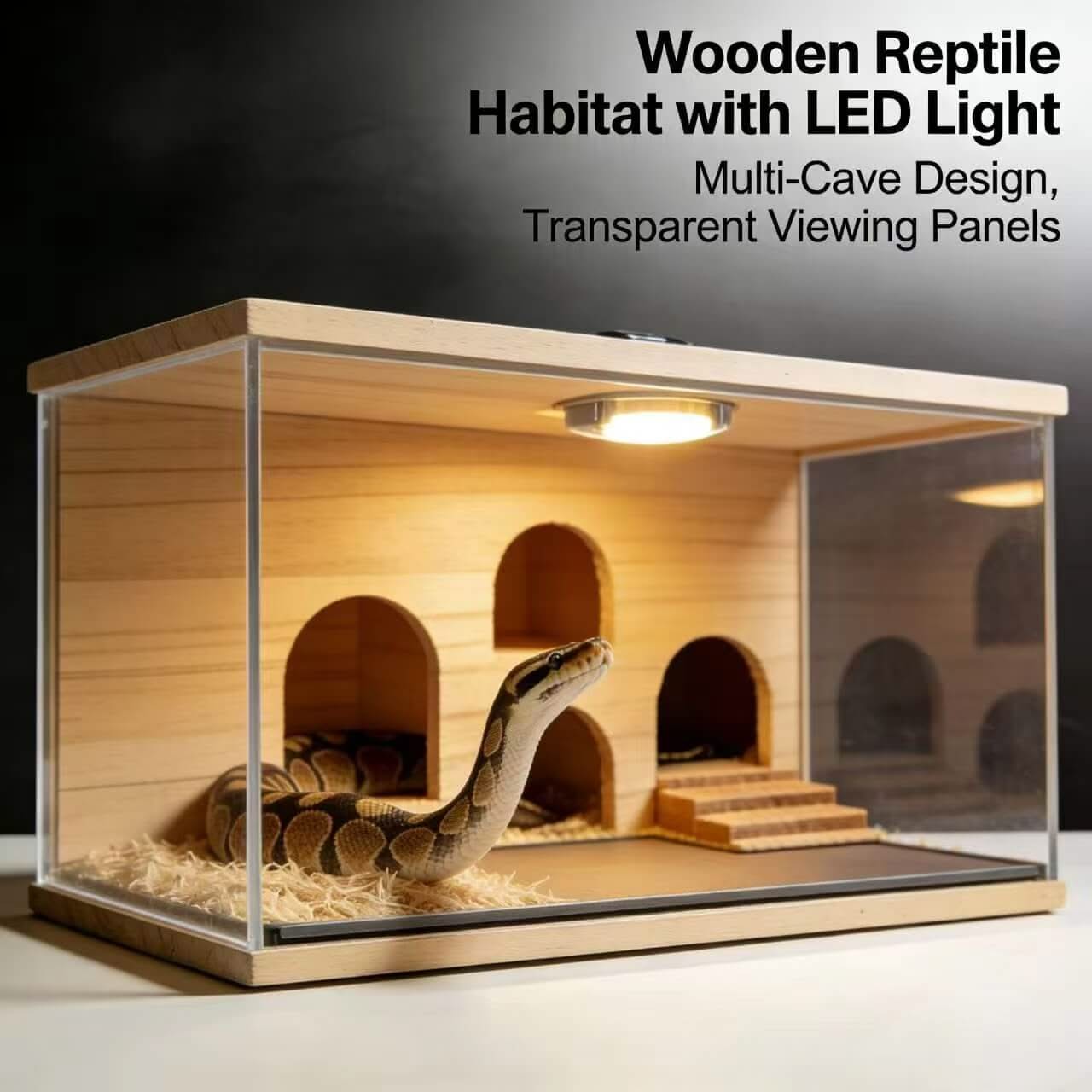 Heated Wooden Multi-Hide Snake Enclosure: See-Through Panels, Tiered Design for Snakes