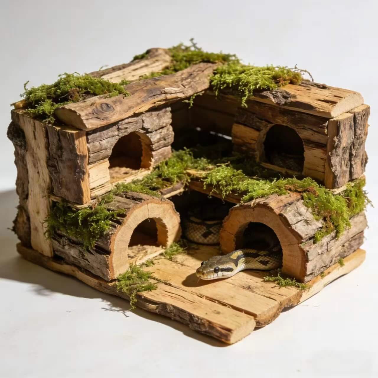 Multi-Hide Wood & Moss Snake Hide: Tiered Design, Natural Habitat for Snakes