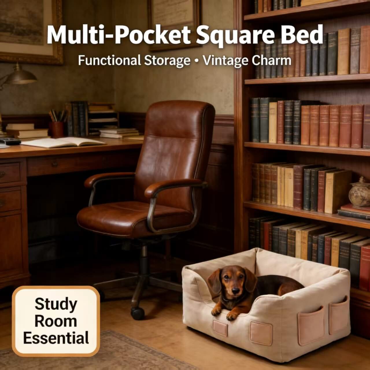 Study-Room Pet Bed for Dogs - Square, Beige, Multi-Pocket, Functional Storage, Vintage Charm