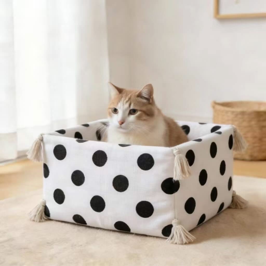 Polka Dot Pet Bed for Cats - White-Black, Square, Tassel Decor, Soft Fabric