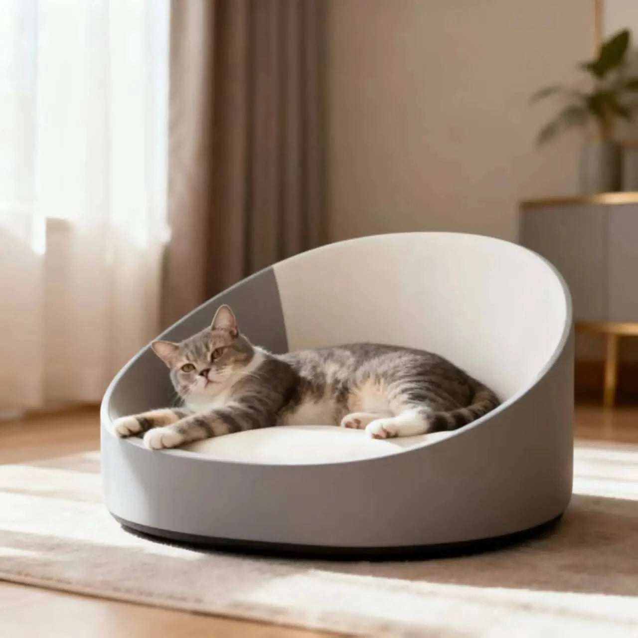  Cat Bed, Oval Shape, Soft Cushion, White/Gray, All-Season Comfort