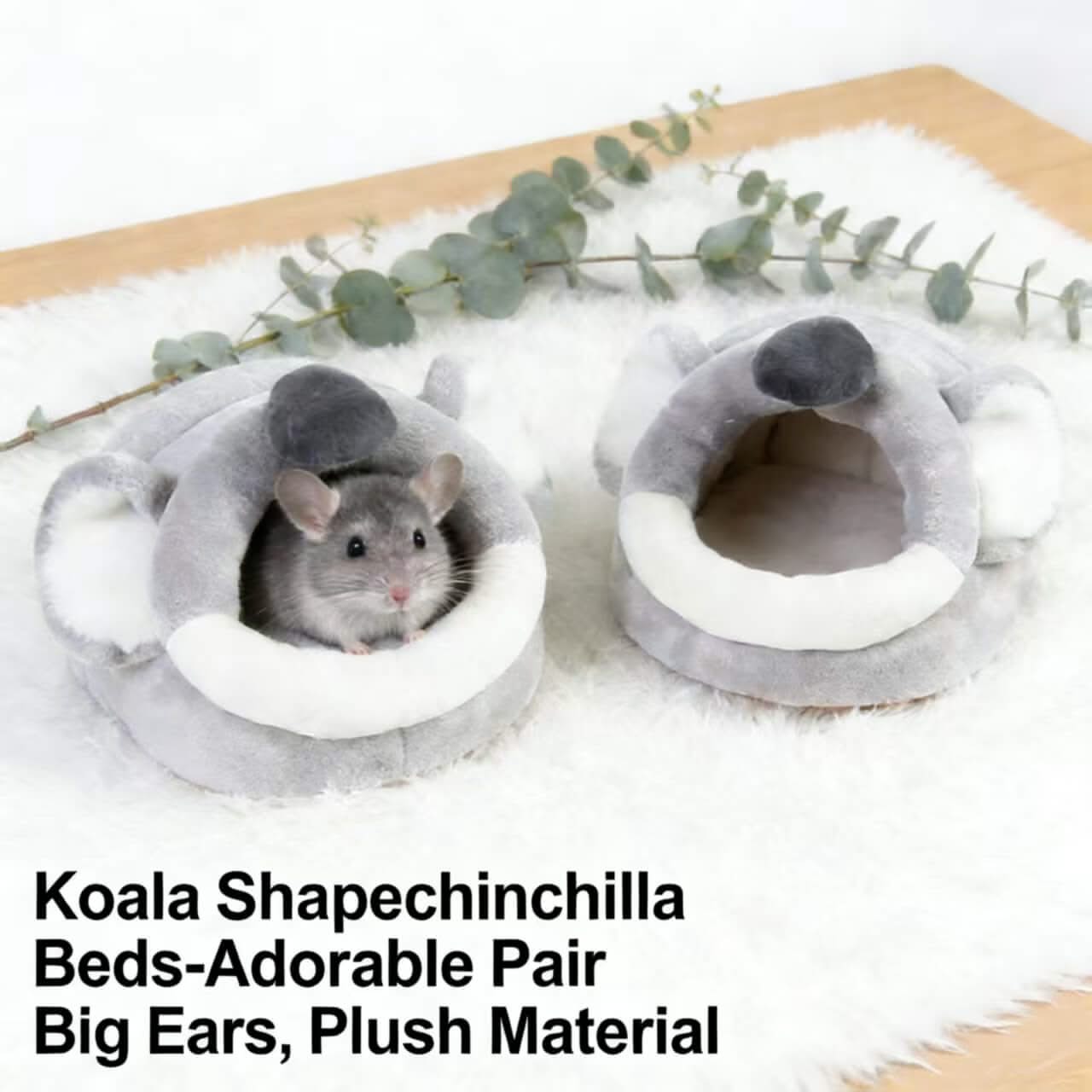 Adorable 2-Piece Chinchilla House for Chinchillas - Koala Shape, Gray-White, Big Ears, Plush Material