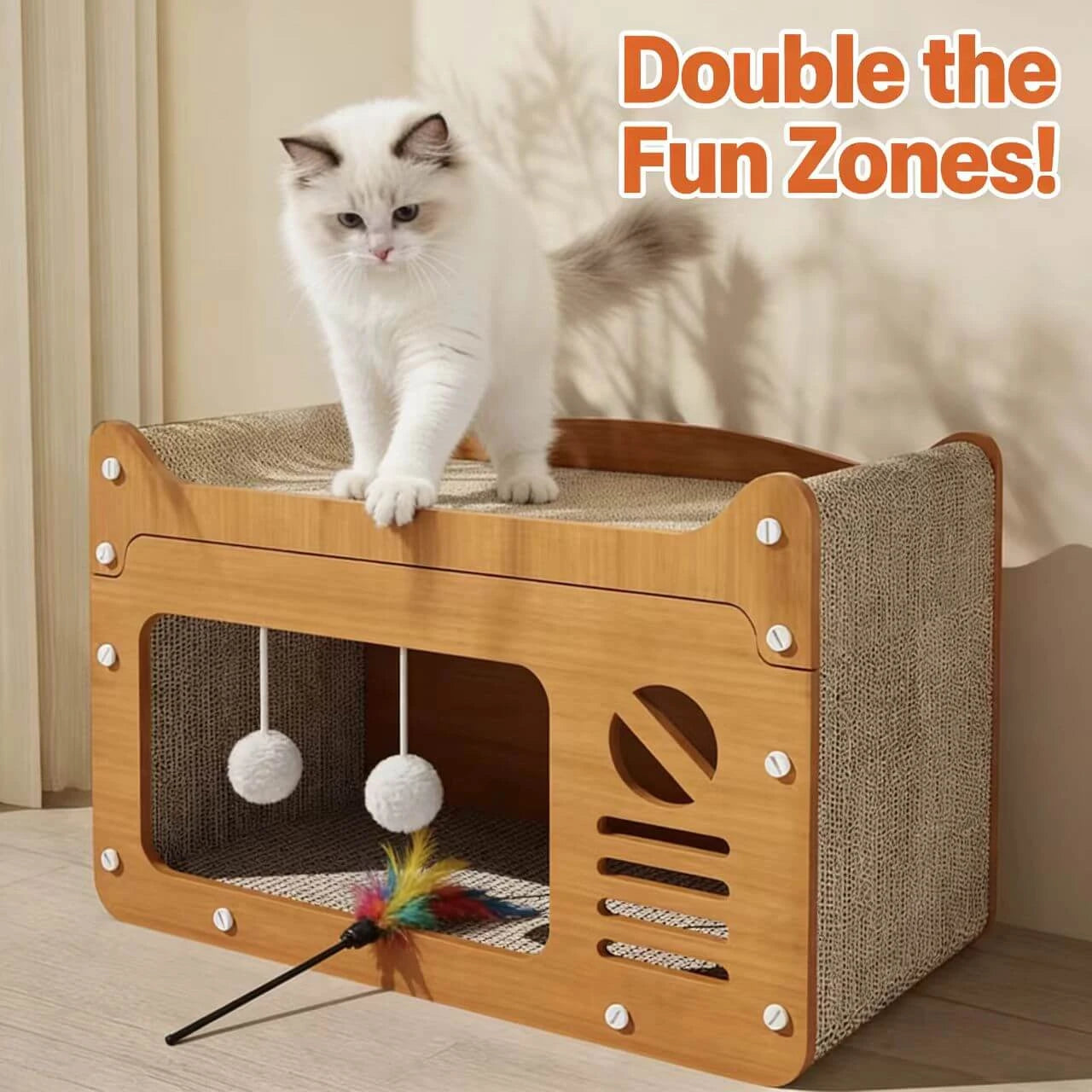 Rest & Scratching Interactive Cat House/Scratcher for Cats - Dual Pom-Poms, Wood, Sisal