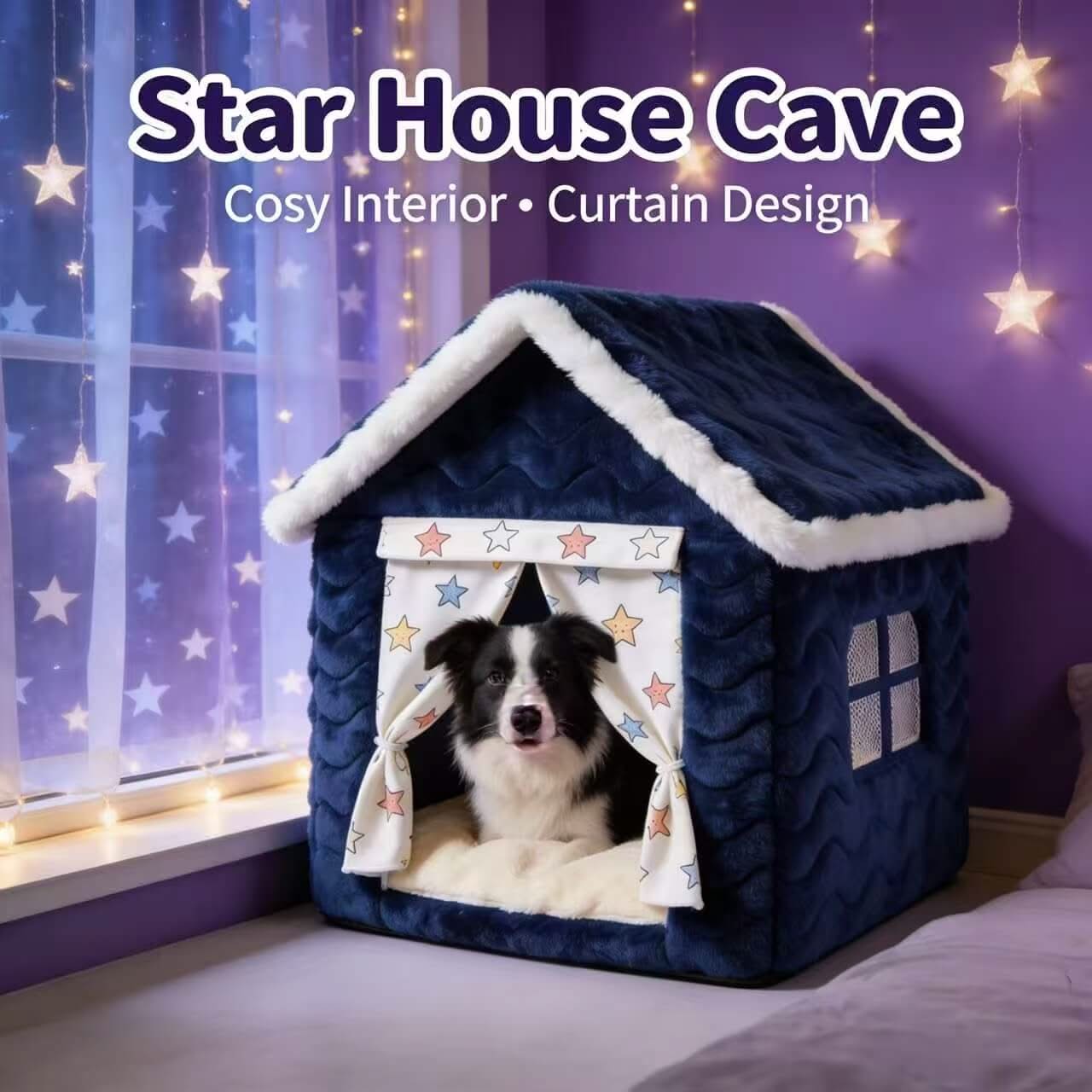Star-House Pet Cave Bed for Dogs - Curtain Design, Cozy, Navy, Star-Print, All-Season