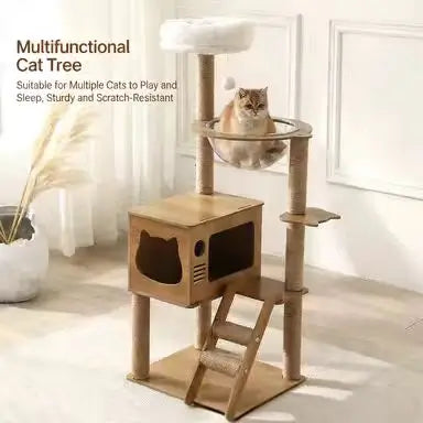 Multi-Functional Cat Scratcher Tree: Sisal Posts, Hideaway, Perch & Hanging Toy