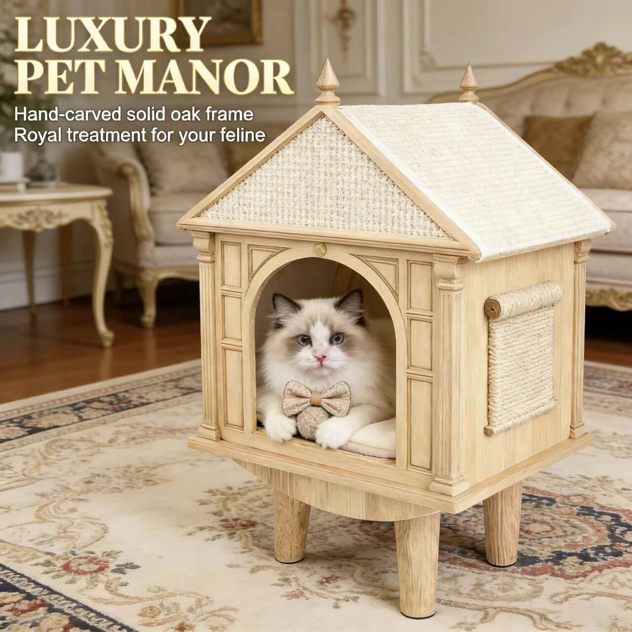 Elegant Wooden Cat House - Elevated Legs, Scratching Pad, Premium Pet Furniture