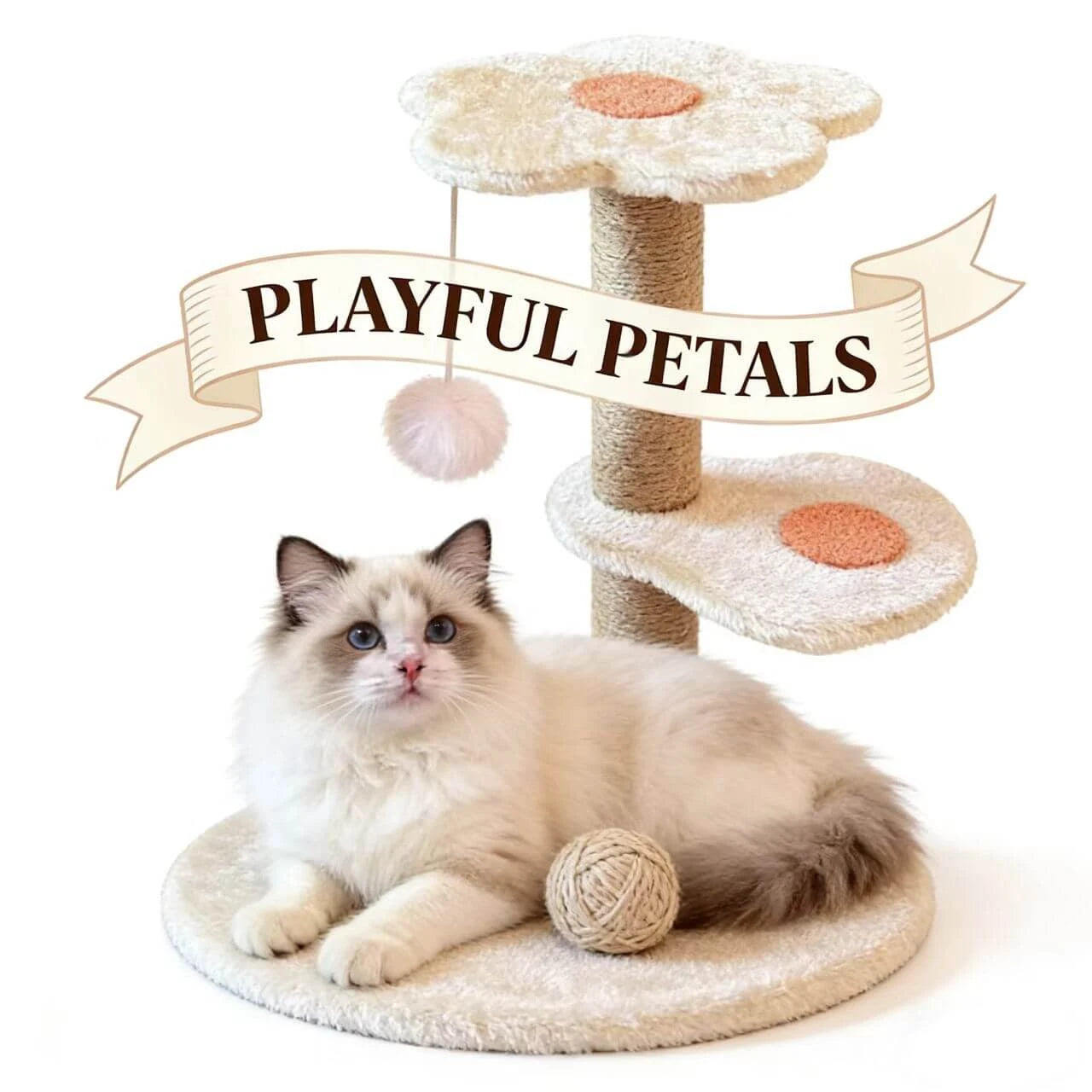 Play & Sleep Cat Condo for Kittens - Sisal Scratch Post, Flower-Shaped, Soft Plush Base