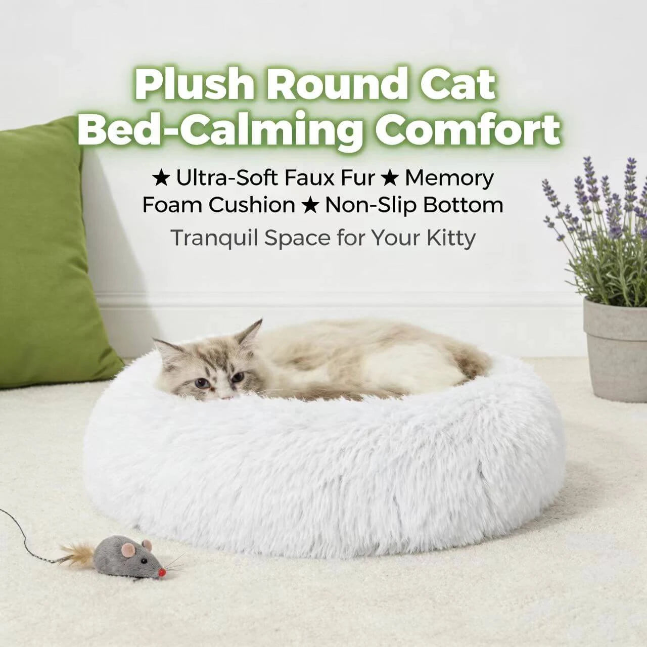 Soft Cozy Pet Bed for Cats - Donut Design, Fluffy Plush, White Round Nest