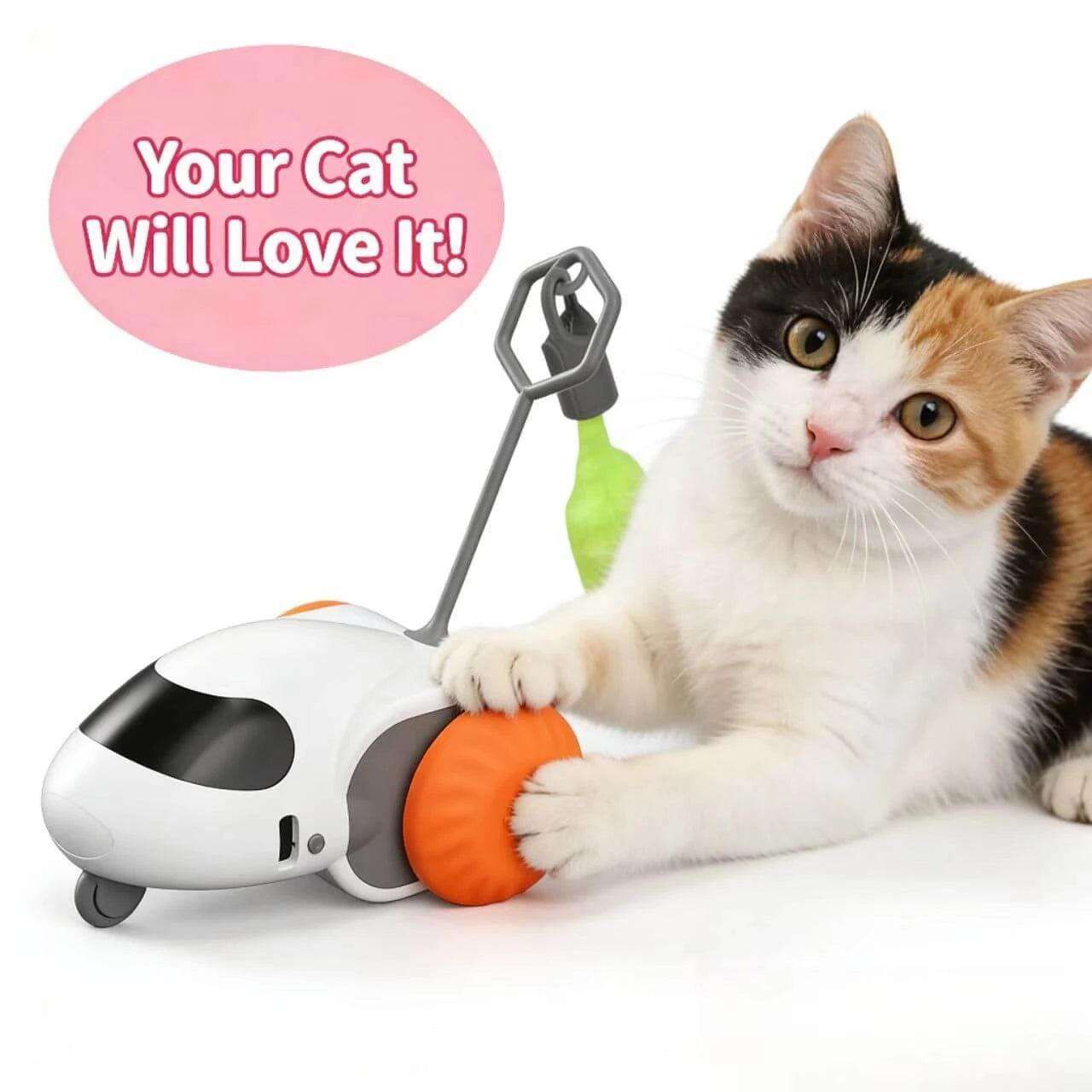 Robot Cat Teaser Toy - Auto-Rotating Feather, Interactive Play, White & Orange