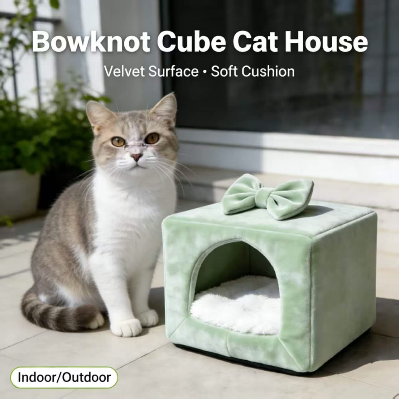 Bowknot Cube Cat Bed, Velvet Soft Cushion Light Green Indoor/Outdoor for Cats